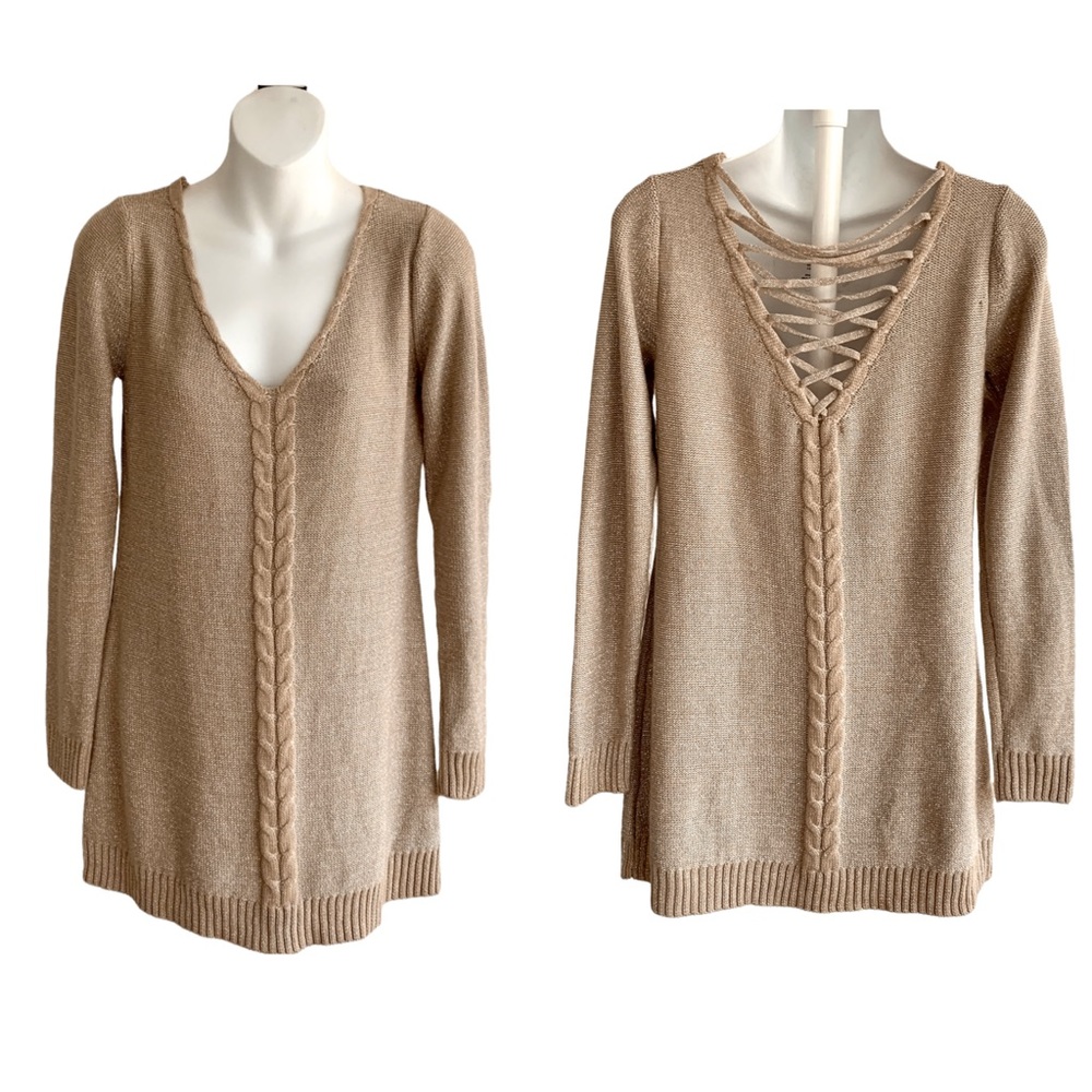 BELLDINI Criss Cross Back Long Sleeve Sweater Top. Taupe Small
